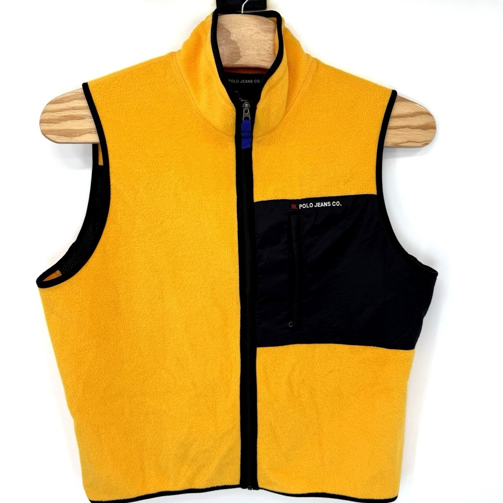 Polo Jeans Co Vest Mens XL Yellow Fleece Full Zip Stowaway Hood Gorpcore Vintage